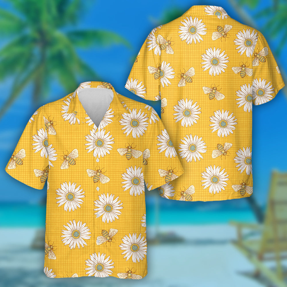 Summer Honey Bees And Daisy On Yellow Background Hawaiian Shirt, Hawaiian Shirt Gift, Christmas Gift