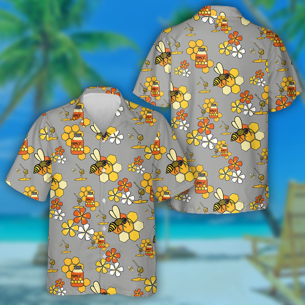 Natural Summer Active Bees On Gray Background Hawaiian Shirt, Hawaiian Shirt Gift, Christmas Gift