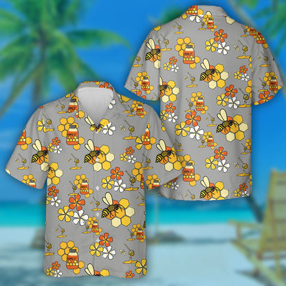 Natural Summer Active Bees On Gray Background Hawaiian Shirt, Hawaiian Shirt Gift, Christmas Gift