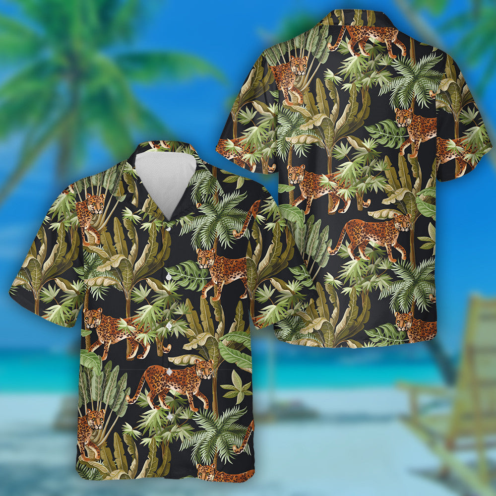 Tropical Exotic Trees And Wild Leopard Hawaiian Shirt,Hawaiian Shirt Gift, Christmas Gift