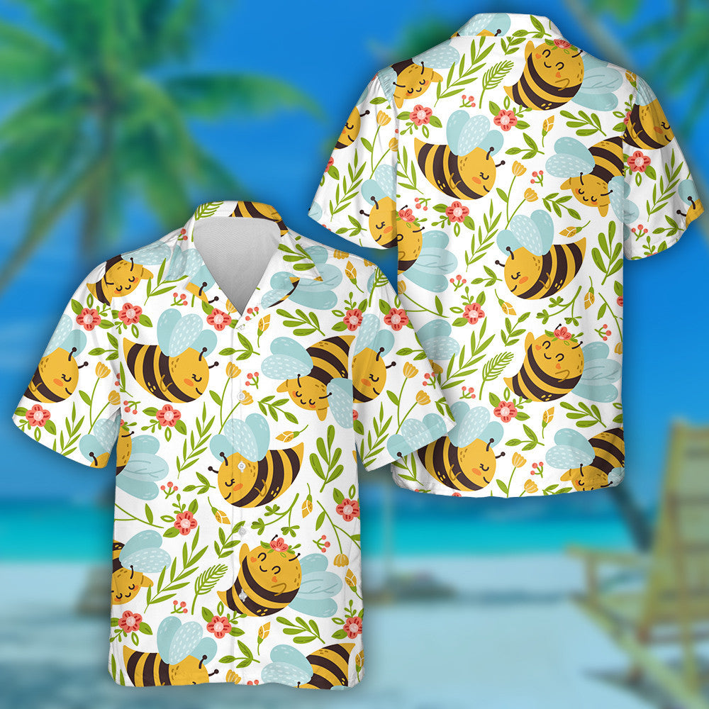 Cute Bees Cartoon Insects And Summer Flowers Hawaiian Shirt, Hawaiian Shirt Gift, Christmas Gift