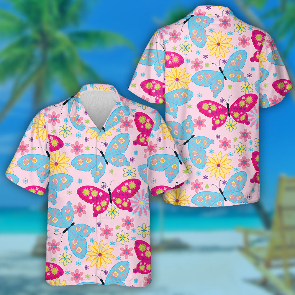 Hand Drawn Funny Flowers And Butterflies Hawaiian Shirt, Hawaiian For Gift