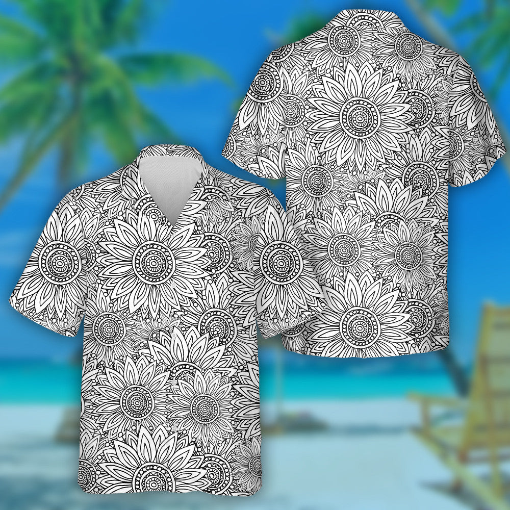 None Colored Pattern With Sunflowers Doodle Style Hawaiian Shirt, Hawaiian Shirt Gift, Christmas Gift