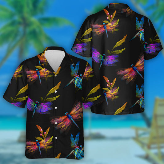 Colorful Dragonfly With Leaves On Black Hawaiian Shirt, Hawaiian For Gift
