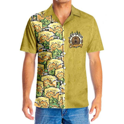 Dearadh Cúlra Olive Léine Haváís Camping Bear Béar Óil, Bronntanas Léine Haváís, Bronntanas Nollag