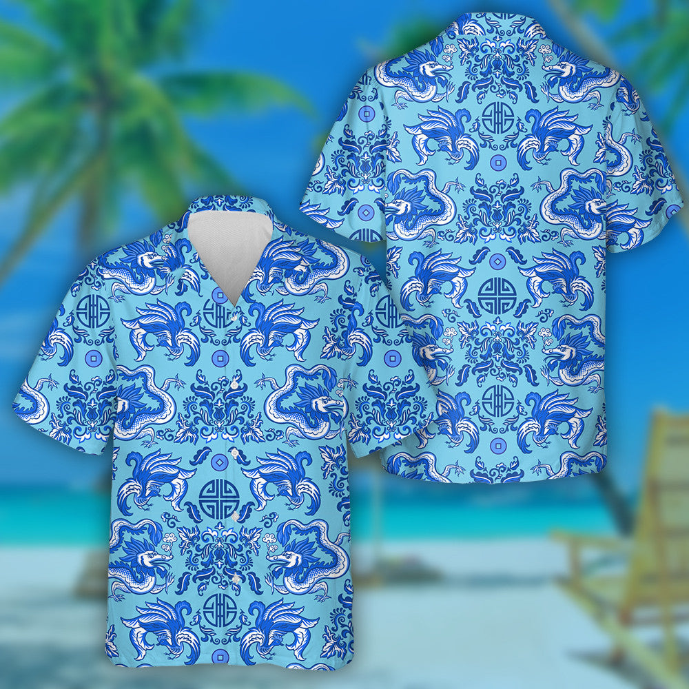 Blue Chinese Dragons And Floral Ornaments Hawaiian Shirt, Hawaiian For Gift