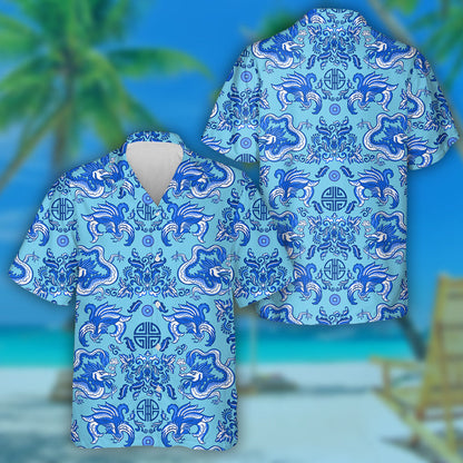 Blue Chinese Dragons And Floral Ornaments Hawaiian Shirt, Hawaiian For Gift