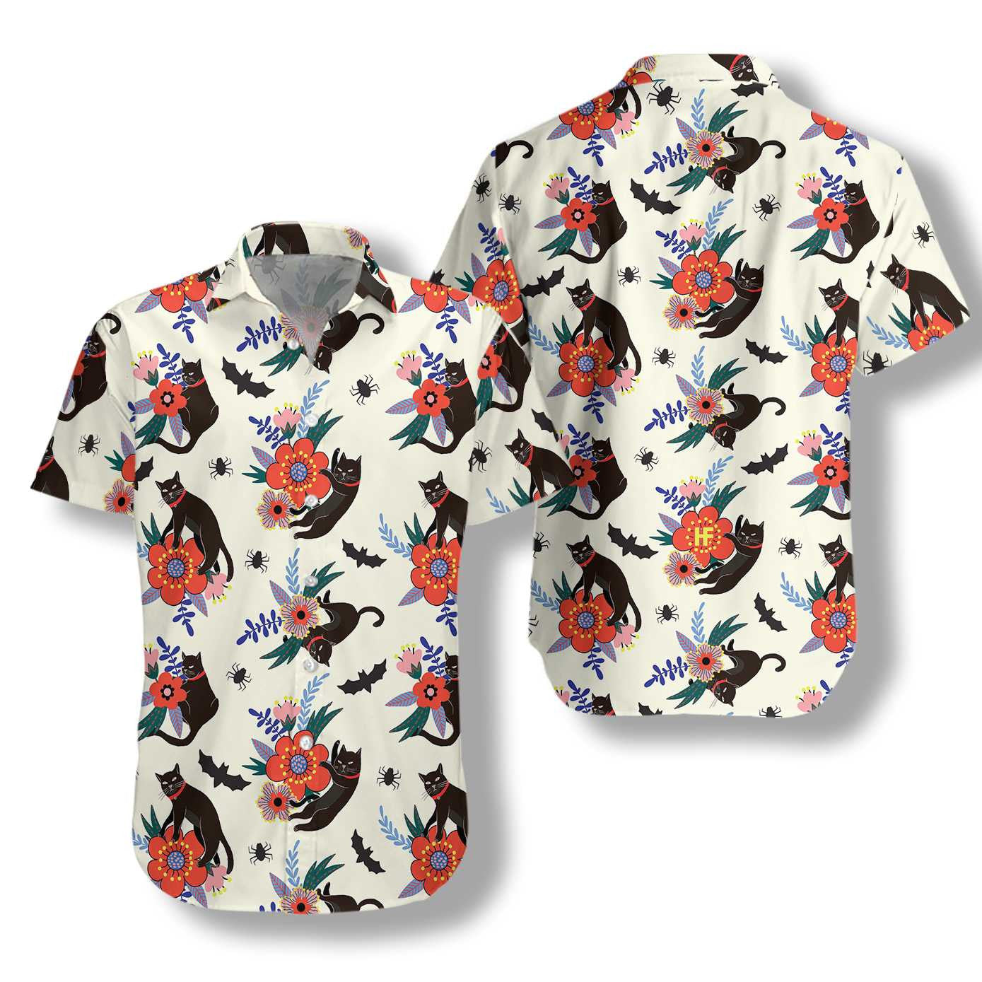 Black Bats And Cats On White Dramatic Hawaiian Shirt, Hawaiian Shirt Gift, Christmas Gift