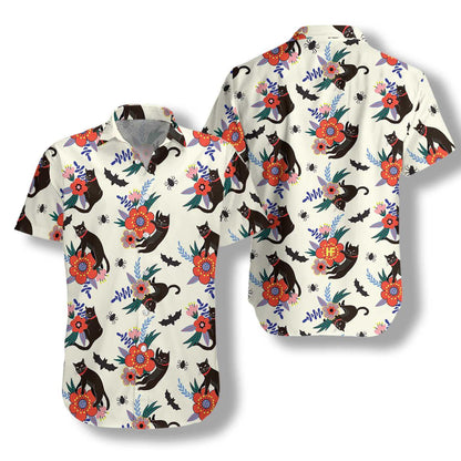 Black Bats And Cats On White Dramatic Hawaiian Shirt, Hawaiian Shirt Gift, Christmas Gift