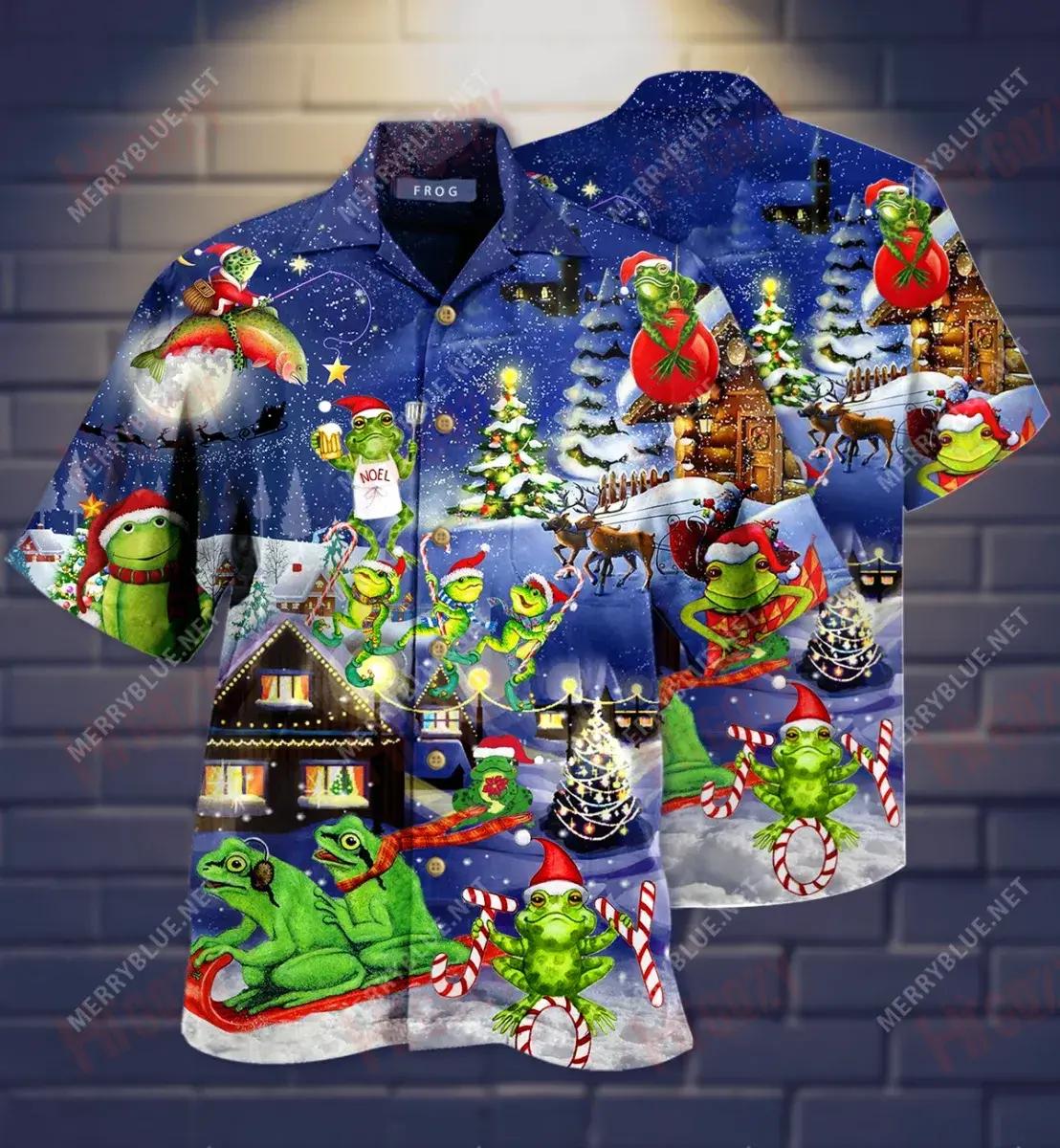 Frogs On Night Christmas Short Hawaiian Shirt Hobbies Hawaiian T Shirts Vintage Hawaiian Shirts Hawaiian Shirts For Women, Hawaiian Shirt Gift, Christmas Gift