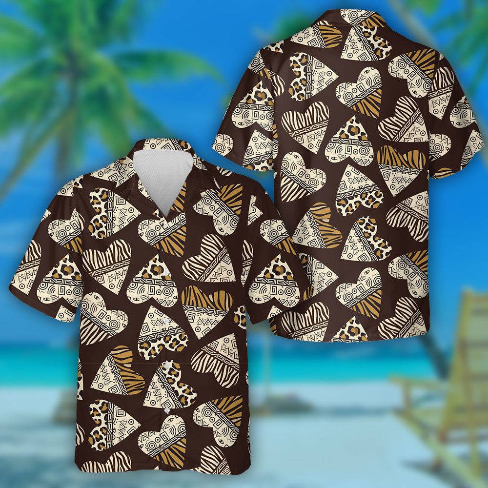 Leopard Spots Background With Hearts Animal Skin Hawaiian Shirt, Hawaiian Shirt Gift, Christmas Gift