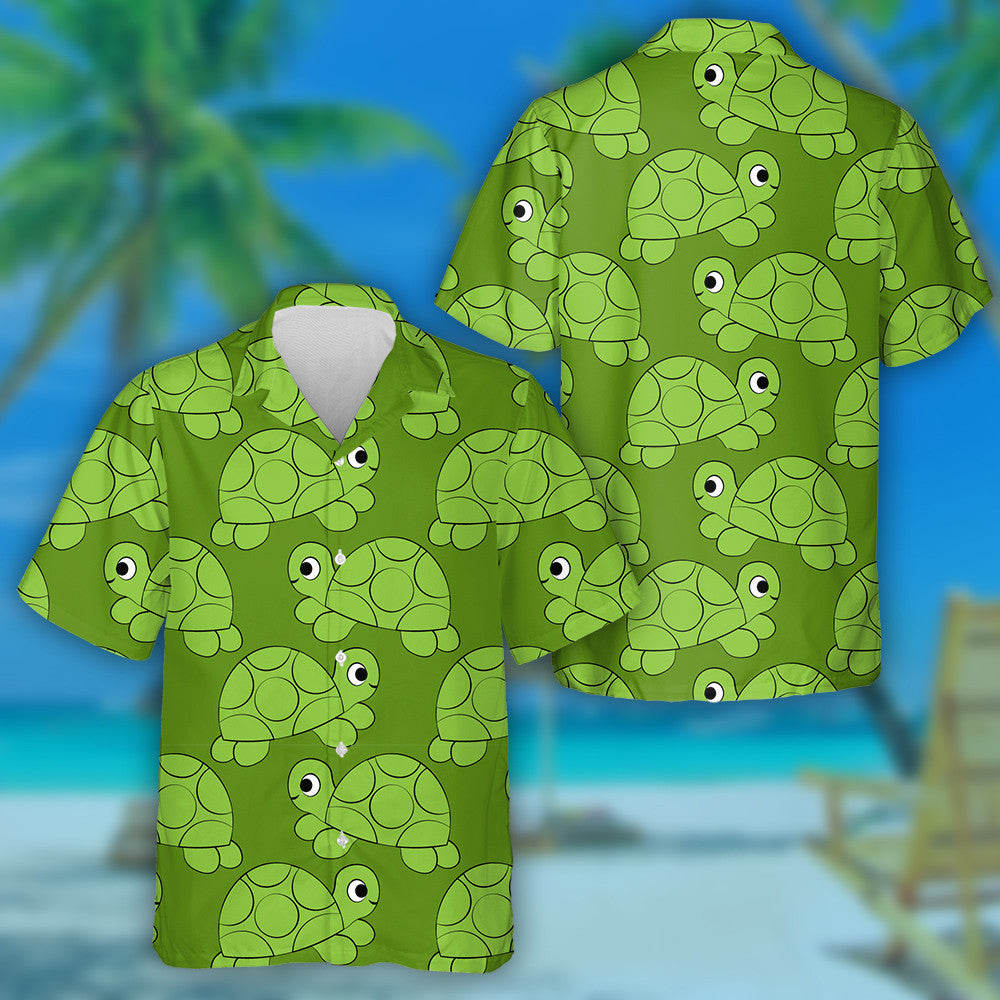 Outline Green Cute Turtle On Dark Green Hawaiian Shirt, Hawaiian Shirt Gift, Christmas Gift