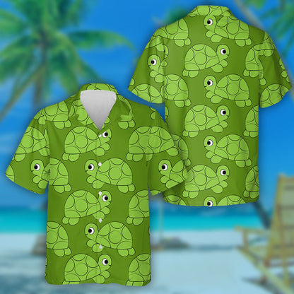 Outline Green Cute Turtle On Dark Green Hawaiian Shirt, Hawaiian Shirt Gift, Christmas Gift