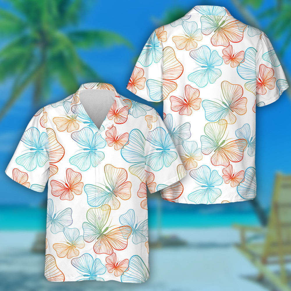 Beautiful Ombre Rainbow Butterflies With Line Hawaiian Shirt, Hawaiian For Gift