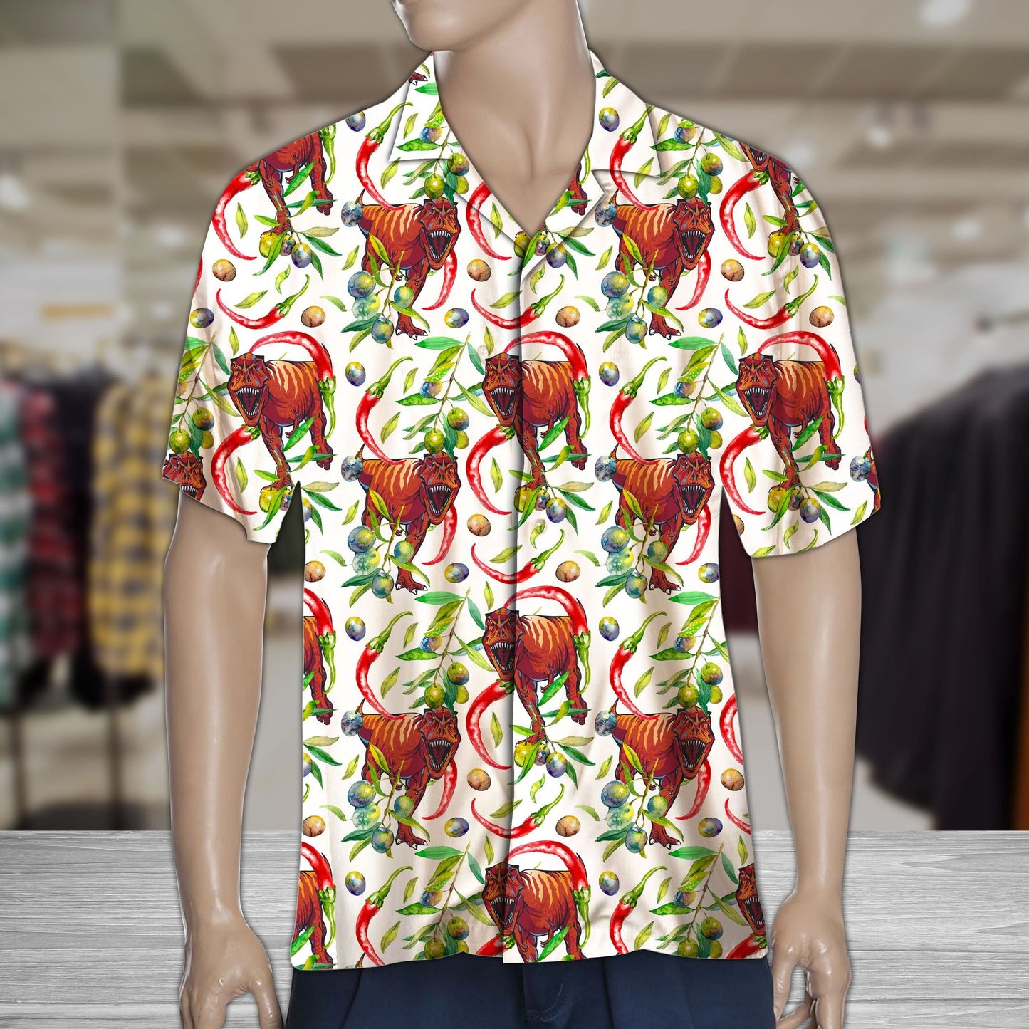 Piobar Chili Dearga Te Agus Léine Haváí patrún T-rex, Bronntanas Léine Haváís, Bronntanas Nollag