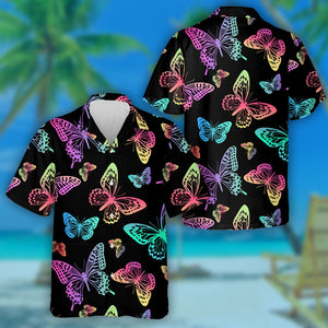 Rainbow Butterflies On A Black Background Hawaiian Shirt,Hawaiian Shirt Gift, Christmas Gift