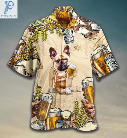 Frenchie Dog Drinking Beer Lover Pattern Hawaiian Shirt,Hawaiian Shirt Gift, Christmas Gift