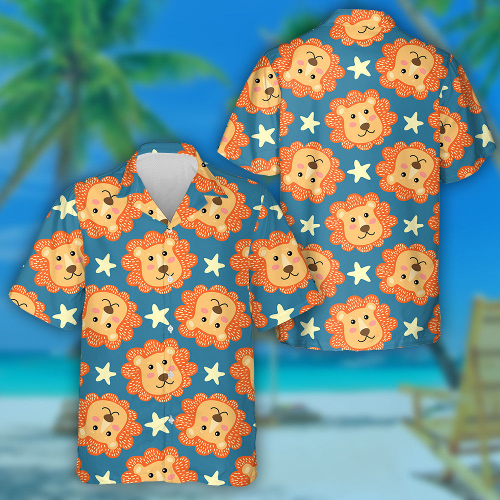 Happy Orange Lion With Yellow Stars Hawaiian Shirt, Hawaiian For Gift