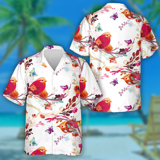Bird Perched On Branch Seeing Butterfly Hawaiian Shirt, Hawaiian For Gift