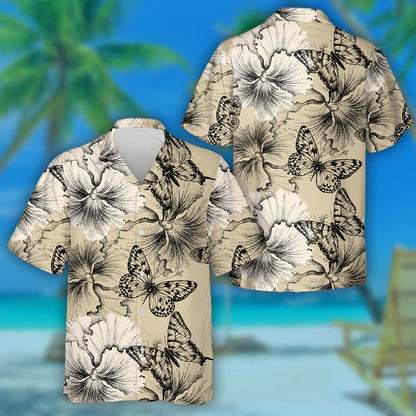 Theme Hibiscus Flower And Black Butterflies Hawaiian Shirt,Hawaiian Shirt Gift, Christmas Gift