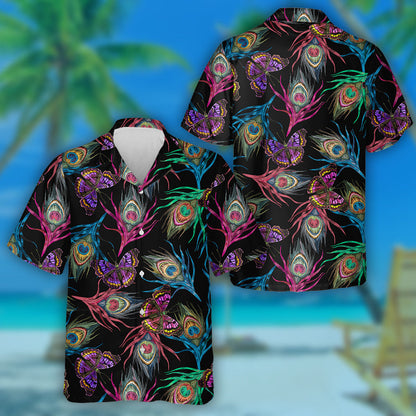 Theme Colorful Peacock Feathers And Flying Butterflies Hawaiian Shirt, Hawaiian Shirt Gift, Christmas Gift