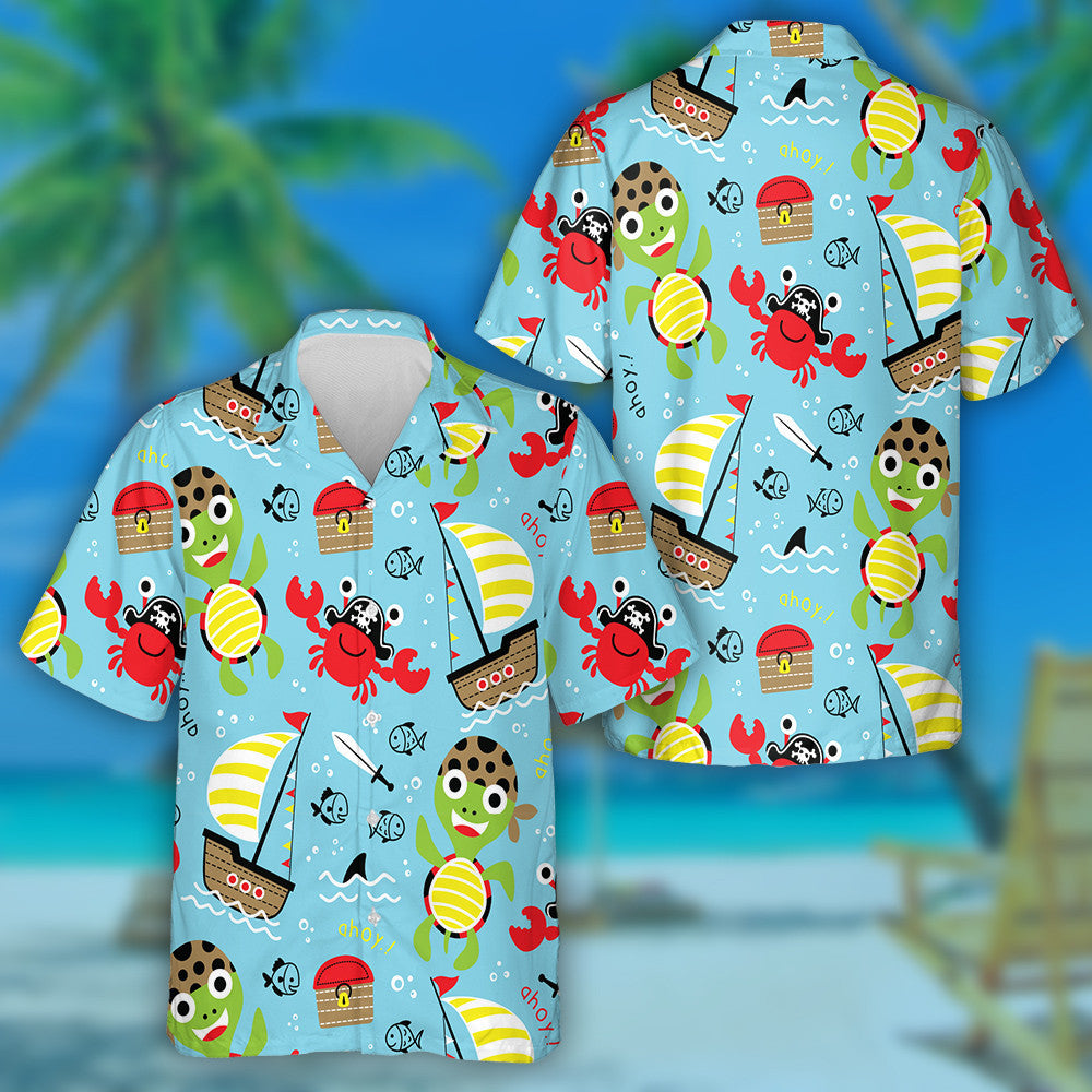 Turtar Cartúin Greannmhar Pirate Le Léine Haváí an Phortáin, Bronntanas Léine Haváí, Bronntanas Nollag