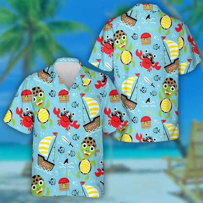 Turtar Cartúin Greannmhar Pirate Le Léine Haváí an Phortáin, Bronntanas Léine Haváí, Bronntanas Nollag