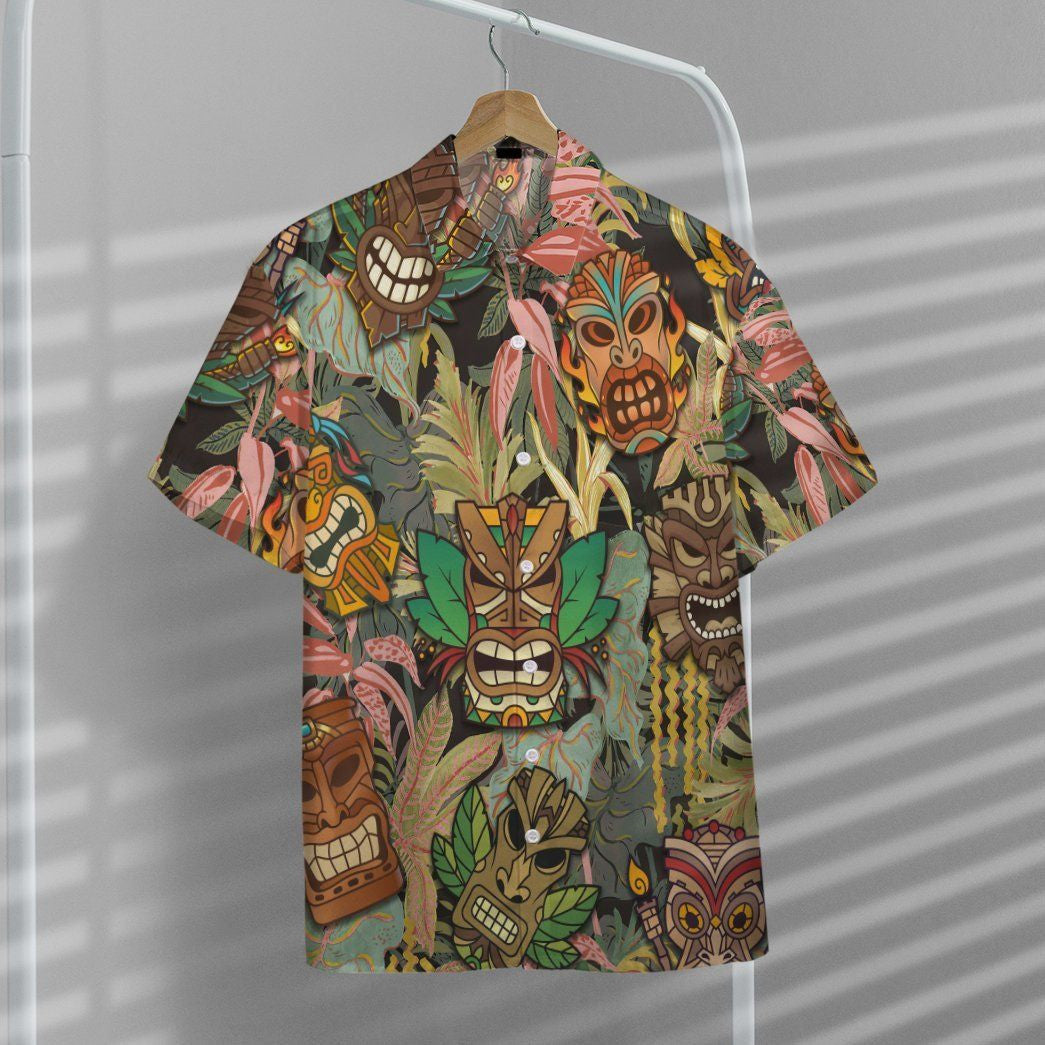 Tiki Head Angry And Leaves HPattern Hawaiian Shirt,Hawaiian Shirt Gift, Christmas Gift