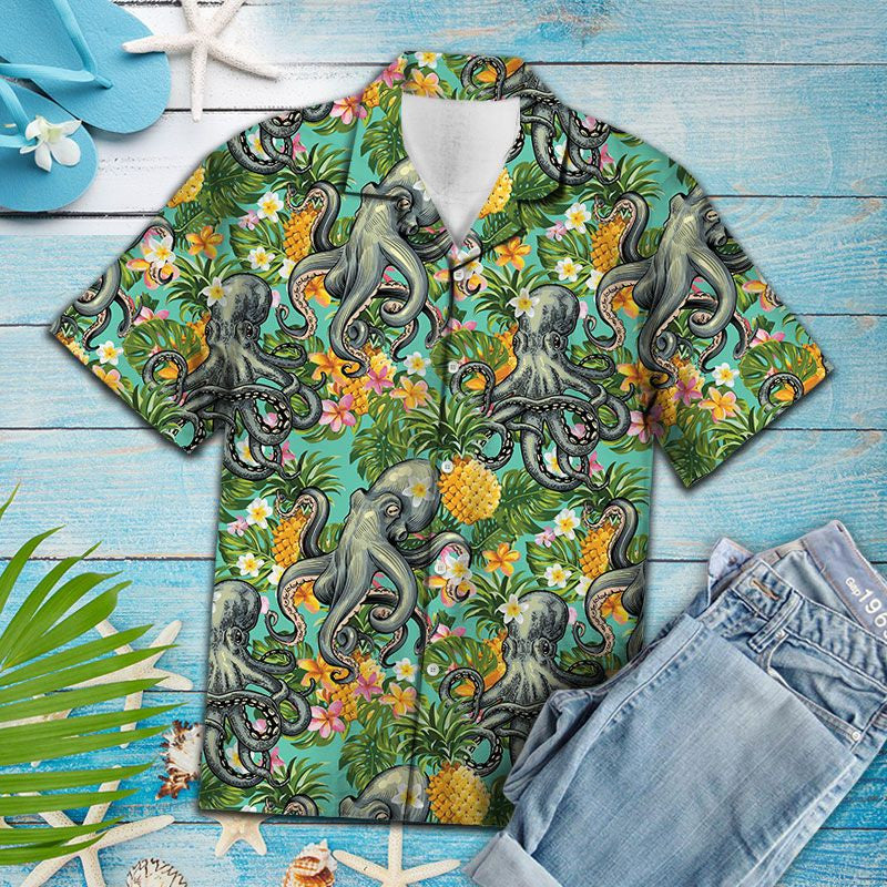 Tropical Pineapple Octopus Hiding Place Themed Pattern Hawaiian Shirt, Hawaiian Shirt Gift, Christmas Gift