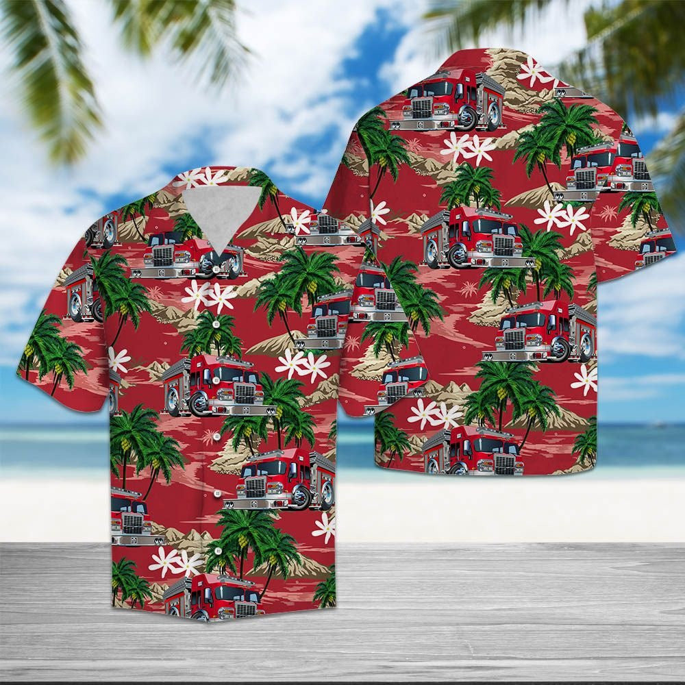 Multicolor Firefighter Car Palm Island Pattern Hawaiian Shirt, Hawaiian Shirt Gift, Christmas Gift