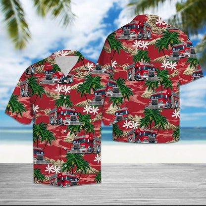 Multicolor Firefighter Car Palm Island Pattern Hawaiian Shirt, Hawaiian Shirt Gift, Christmas Gift