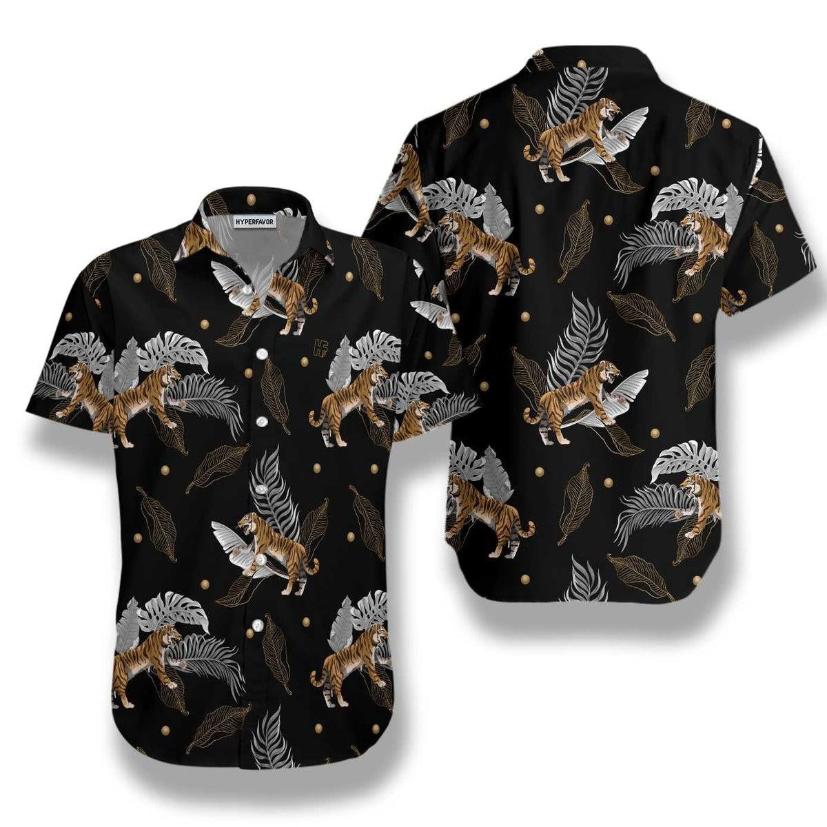 Wild Tiger With Palm Leaves On Black Backdrop Hawaiian Shirt, Hawaiian Shirt Gift, Christmas Gift