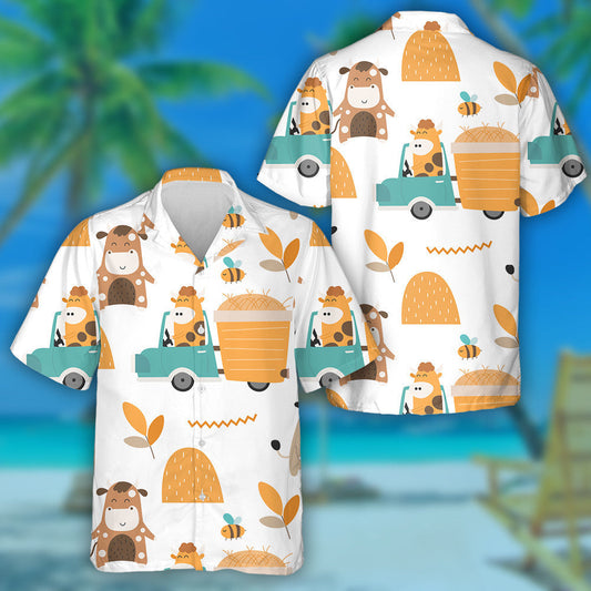 Cute Cow And Bull On Truck Hawaiian Shirt,Hawaiian Shirt Gift, Christmas Gift