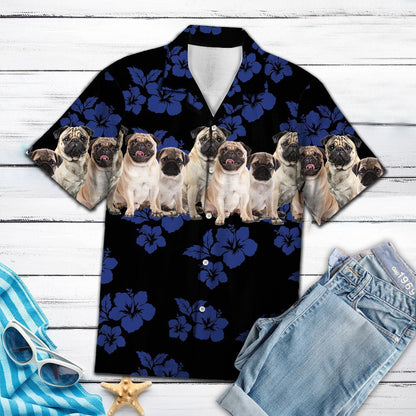 Lovely Pug With Blue Hibiscus In Black Hawaiian Shirt, Hawaiian Shirt Gift, Christmas Gift
