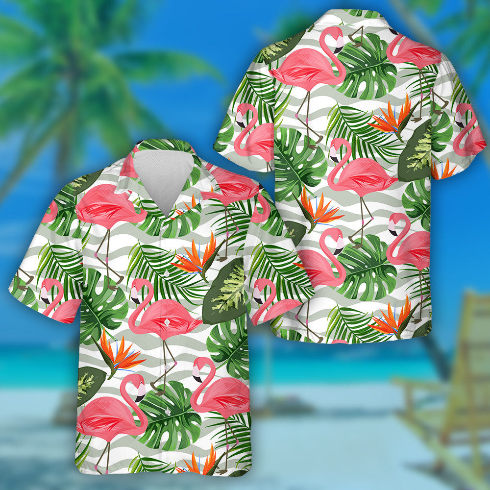 Tropical Background With Exotic Plants And Flamingo Hawaiian Shirt, Hawaiian Shirt Gift, Christmas Gift