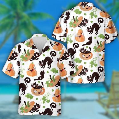 Oíche Shamhna Cat Agus Pumpkin Le Duilleoga Léine haváíais, haváís le haghaidh bronntanais