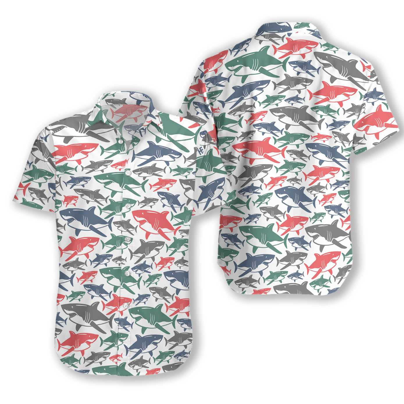 Multicolor Shark Pattern On White Background Hawaiian Shirt,Hawaiian Shirt Gift, Christmas Gift