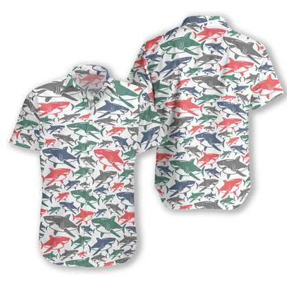 Multicolor Shark Pattern On White Background Hawaiian Shirt,Hawaiian Shirt Gift, Christmas Gift