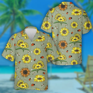 Sage Green With Sunflowers Bees And Lady Beetles Hawaiian Shirt, Hawaiian Shirt Gift, Christmas Gift