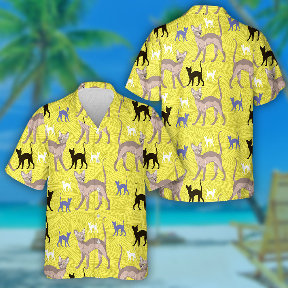 Color Sphynx Cats On Yellow Geometric Background Hawaiian Shirt, Hawaiian Shirt Gift, Christmas Gift