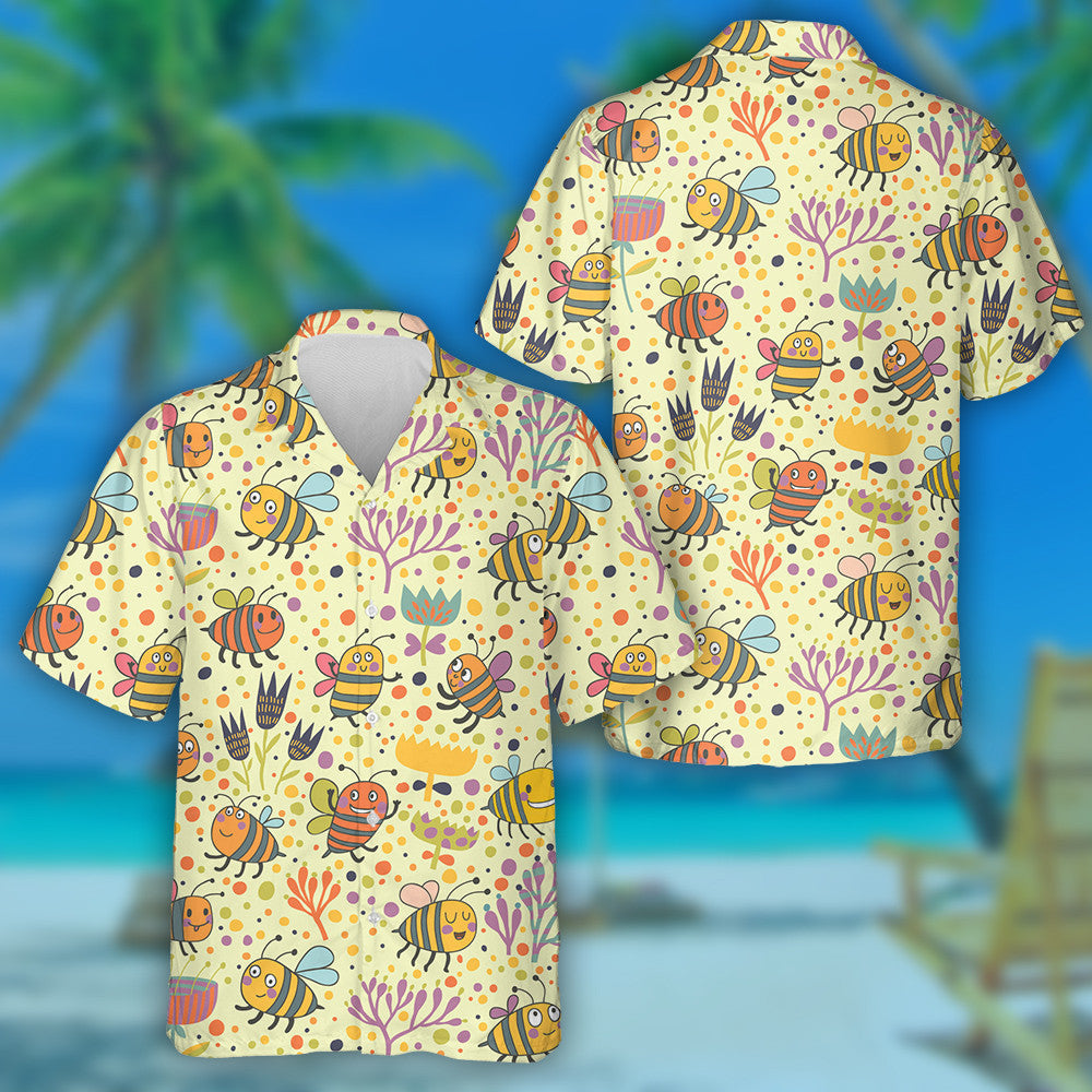 Natural Summer Cartoon Floral And Bees Hawaiian Shirt,Hawaiian Shirt Gift, Christmas Gift