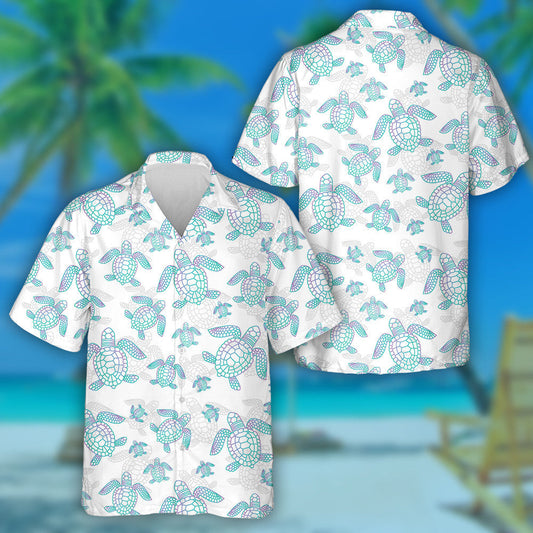 Linear Bright Colored Silhouettes Of Turtles Hawaiian Shirt, Hawaiian For Gift