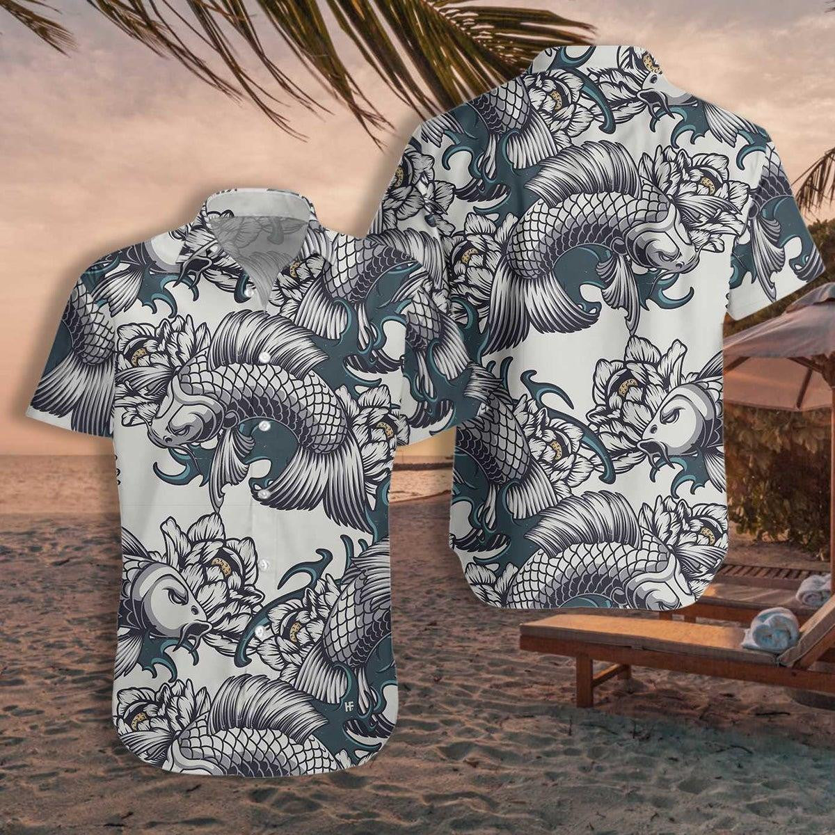 Traditional Floral Fish Hand Drawn Tattoo Pattern Hawaiian Shirt, Hawaiian Shirt Gift, Christmas Gift