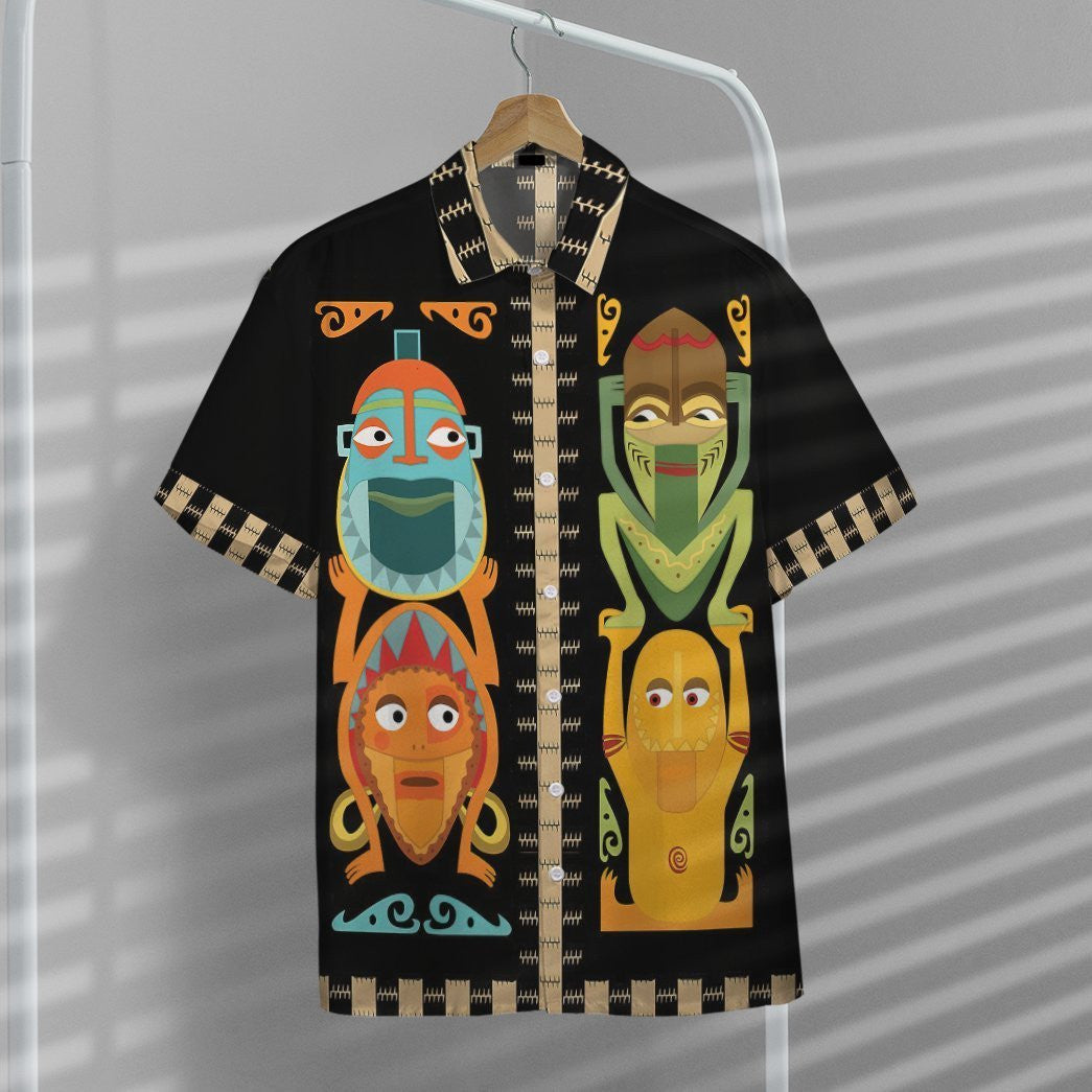 Polynesian Tiki Totems On Black Ornamental Hawaiian Shirt,Hawaiian Shirt Gift, Christmas Gift