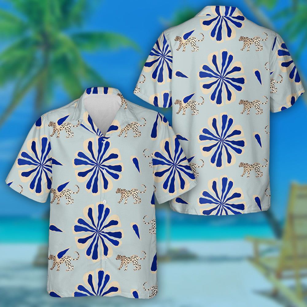 Wild African Leopard With Bright Turquoise Flowers Hawaiian Shirt, Hawaiian Shirt Gift, Christmas Gift