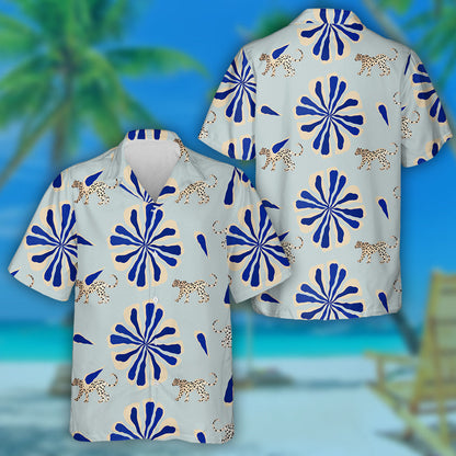 Wild African Leopard With Bright Turquoise Flowers Hawaiian Shirt, Hawaiian Shirt Gift, Christmas Gift