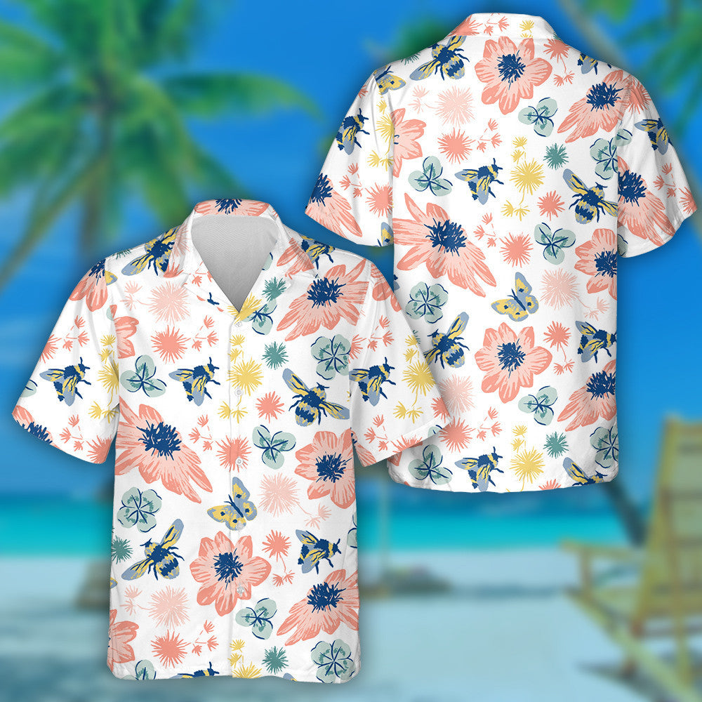Bees Insects With Flowers And Clover Hawaiian Shirt, Hawaiian For Gift