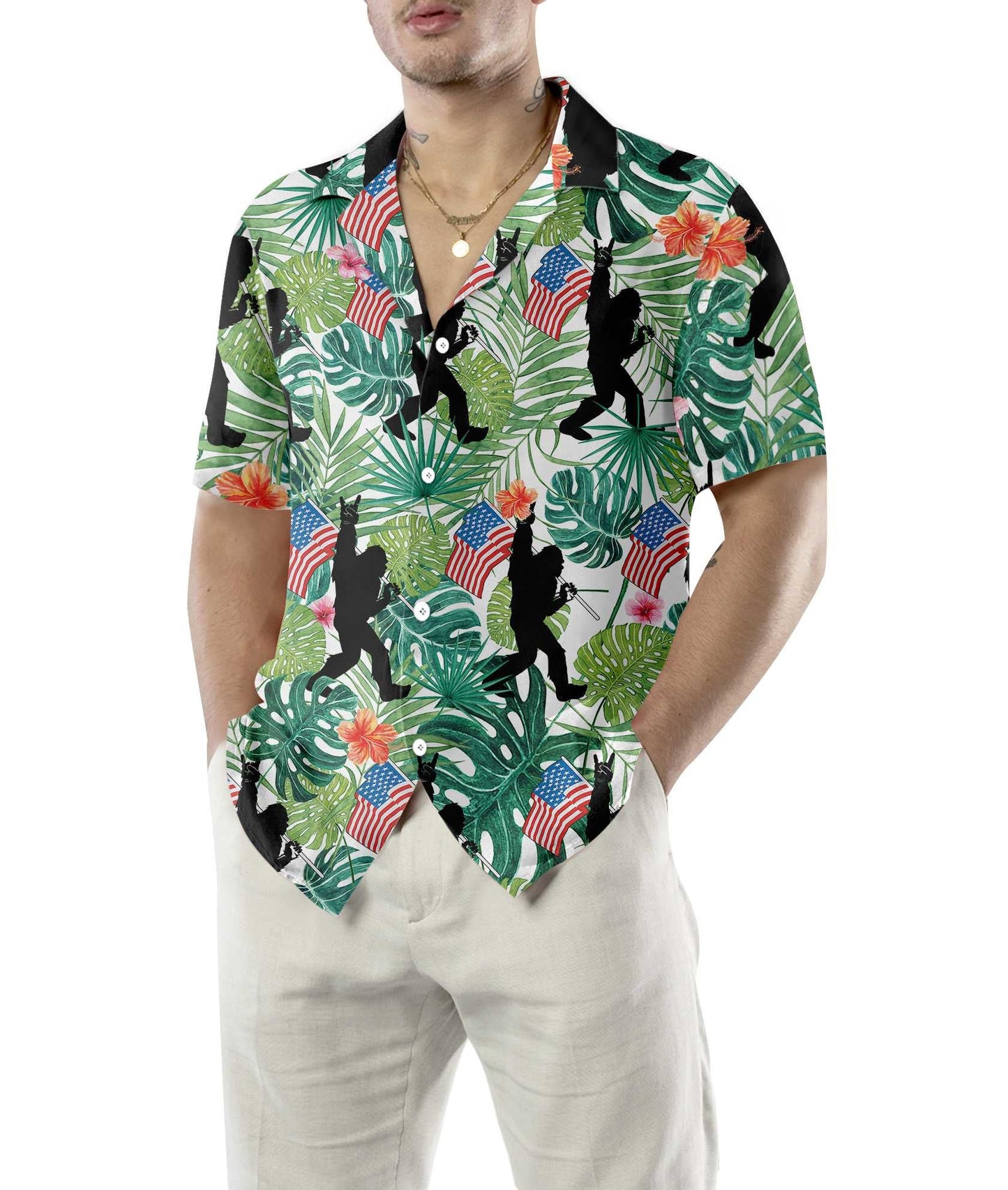 Shadow Of Bigfoot Tropical Hold USA Flag Léine Haváís, Bronntanais Léine Haváís, Bronntanas Nollag