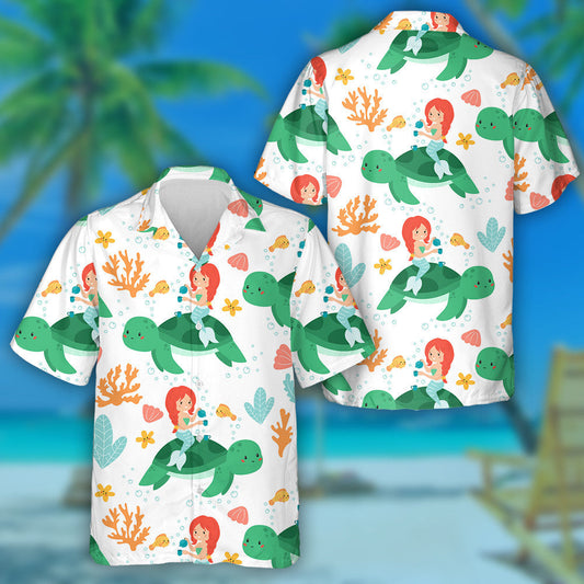 Kawaii Mermaid With Turtle Tea Time Hawaiian Shirt, Hawaiian For Gift