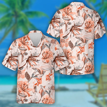 Watercolor Pattern Of Coral And Cream Flowers Leaves Branches Hawaiian Shirt, Hawaiian Shirt Gift, Christmas Gift